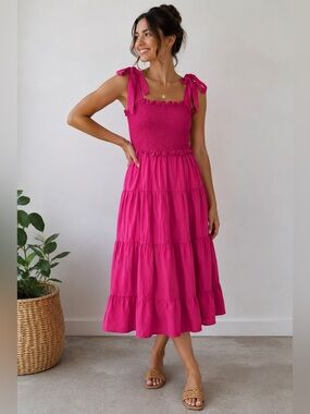 Tuckernuck Pink Smocked Midi Dress Tie Strap Tiered Cotton Sundress S
